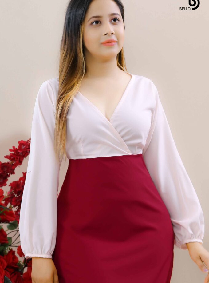 CROSS NECK LONG SLEEVE SHORT DRESS