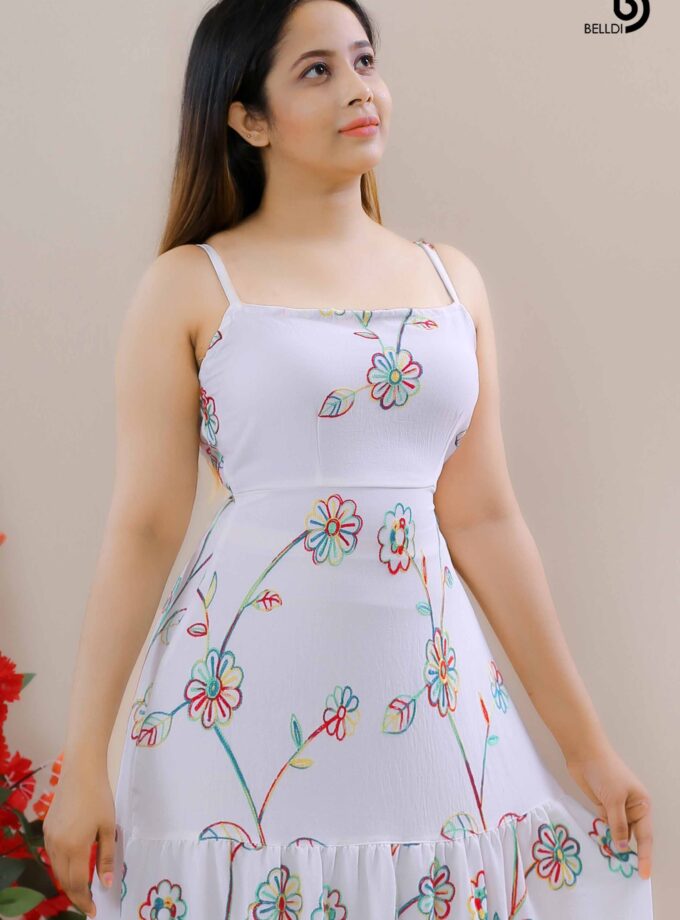 SQUARE NECK SPAGHETTI STRAPS PRINTED LONG DRESS