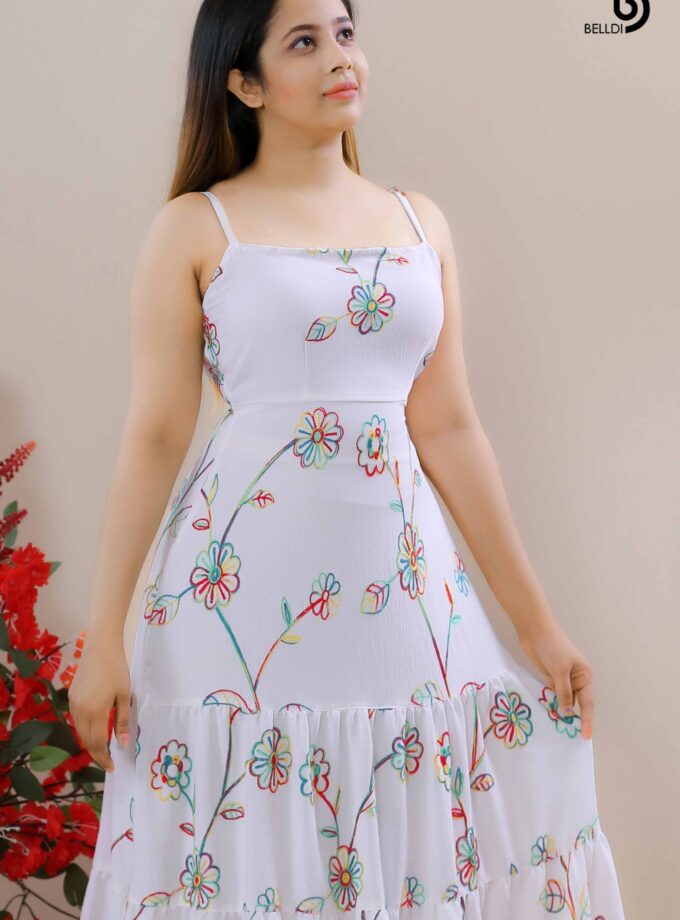 SQUARE NECK SPAGHETTI STRAPS PRINTED LONG DRESS