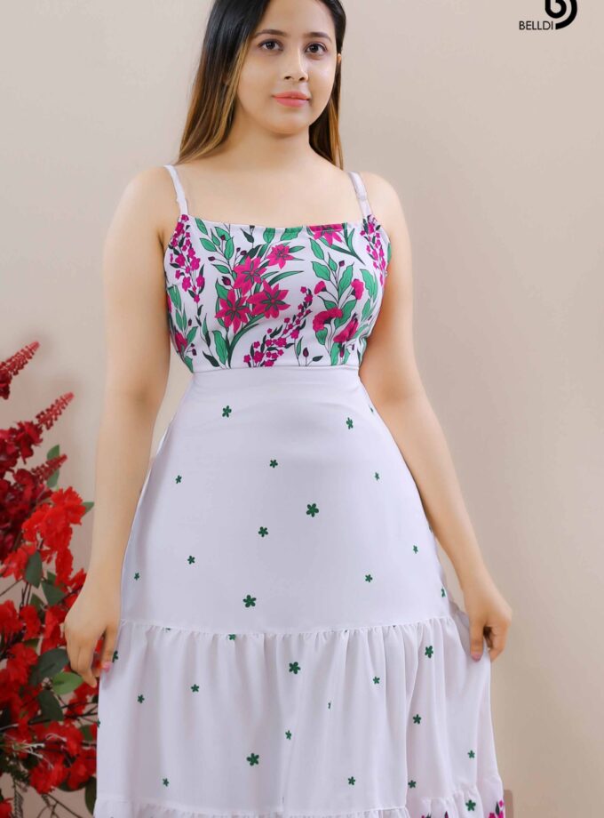 SQUARE NECK SPAGHETTI STRAPS PRINTED LONG DRESS