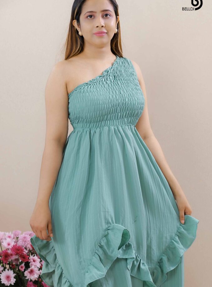 ONE SHOULDER SMOCKED LONG DRESS
