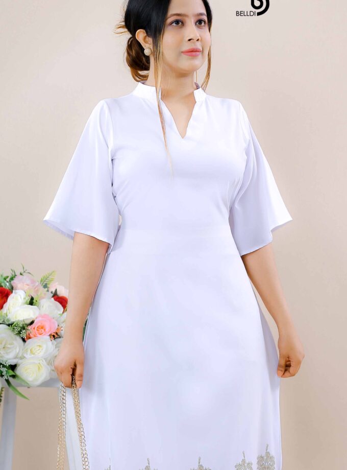 MANDARIN COLLAR WHITE PRINTED DRESS