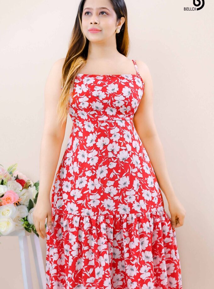 SQUARE NECK SPAGHETTI STRAPS PRINTED LONG DRESS