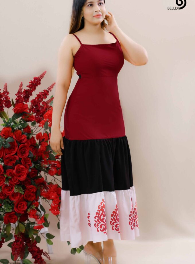 SQUARE NECK SPAGHETTI STRAPS PRINTED LONG DRESS