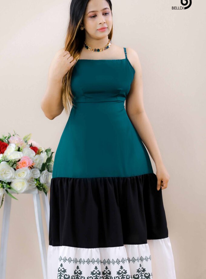 SQUARE NECK SPAGHETTI STRAPS PRINTED LONG DRESS