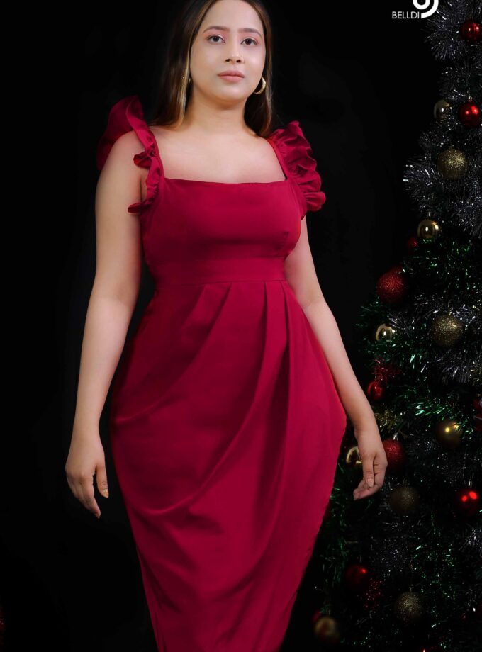 DREPED SKIRT WITH SQUARE NECK LONG DRESS