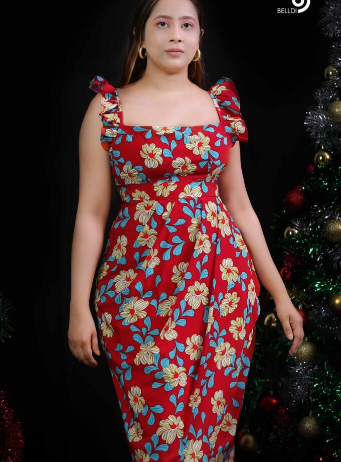 DREPED SKIRT WITH SQUARE NECK LONG DRESS