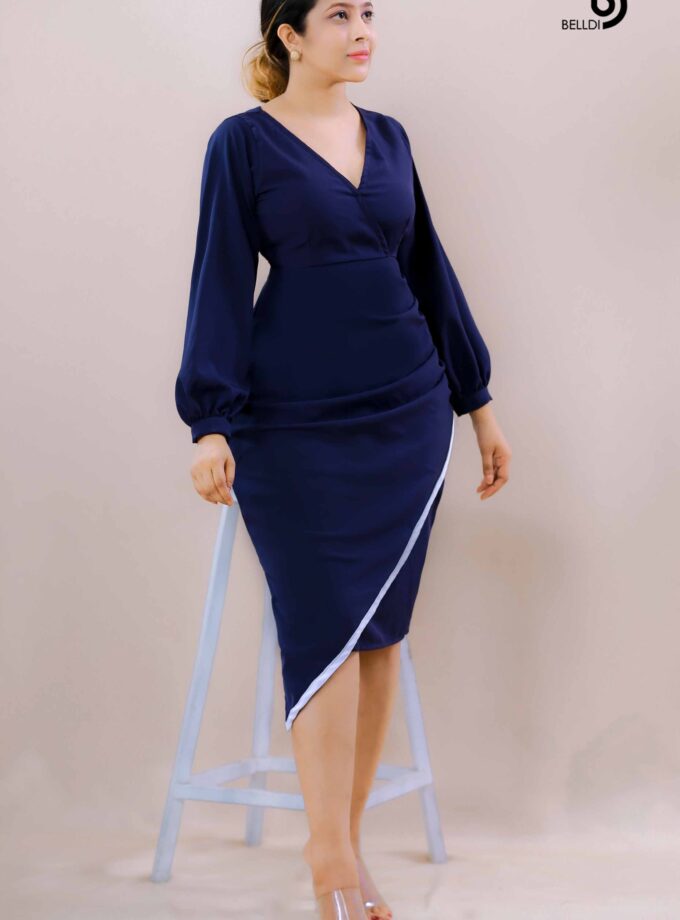 ASYMMETRIC SKIRT CROSS NECK SHORT DRESS