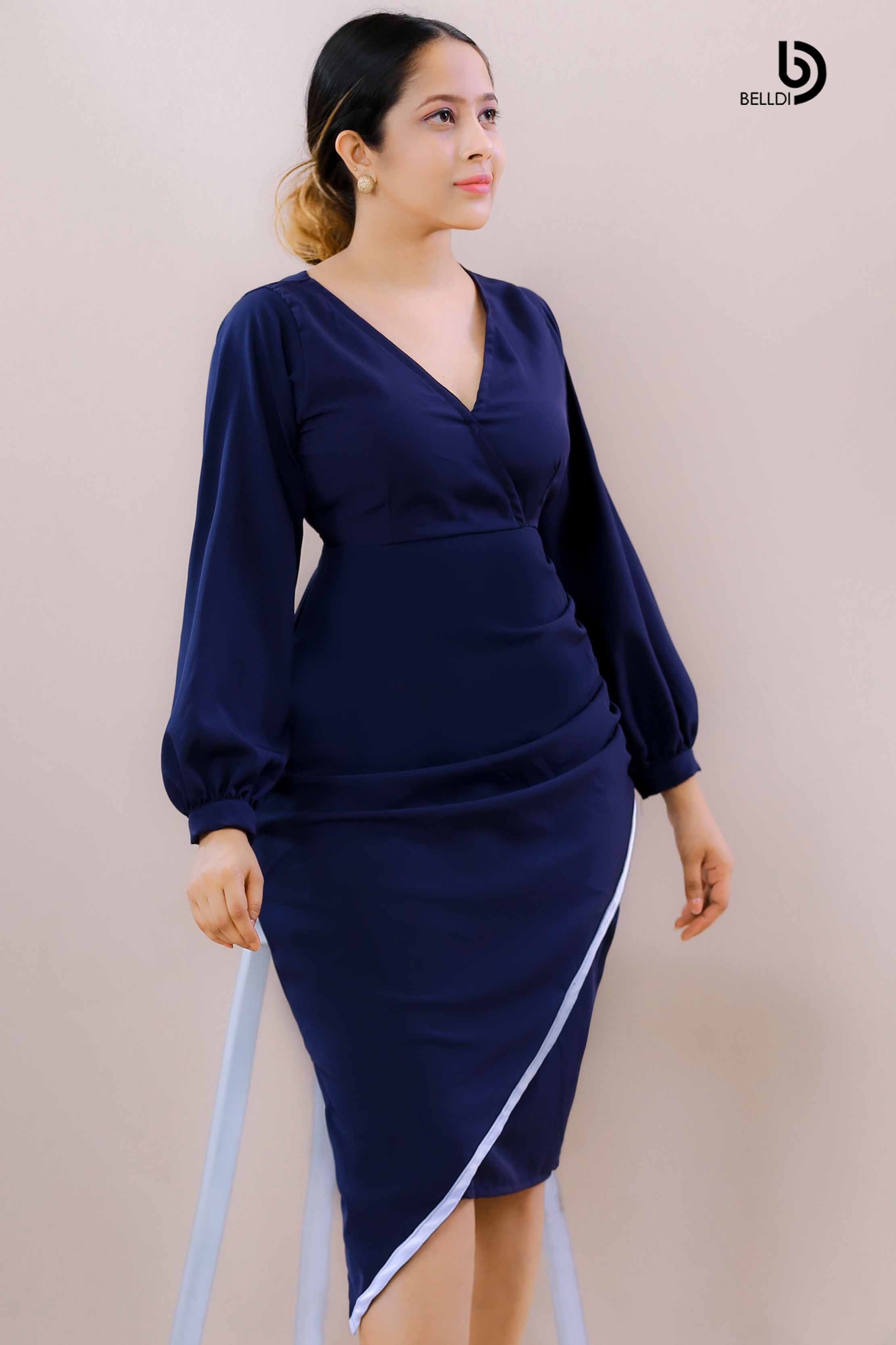 ASYMMETRIC SKIRT CROSS NECK SHORT DRESS