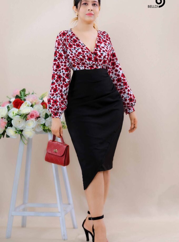 ASYMMETRIC SKIRT CROSS NECK SHORT DRESS