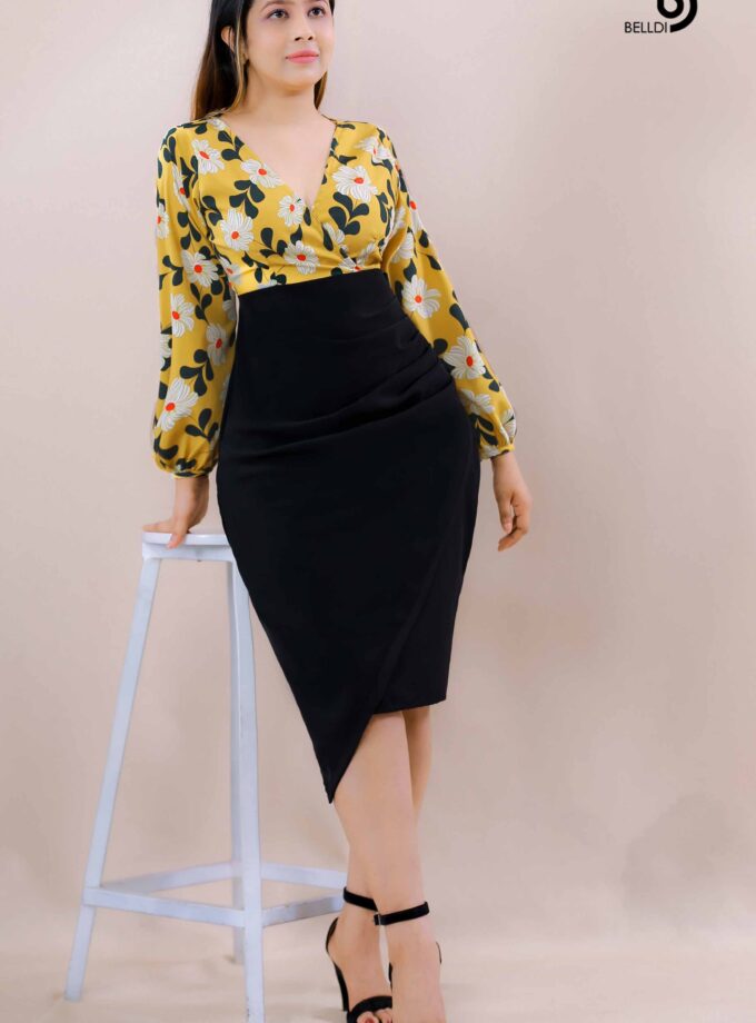 ASYMMETRIC SKIRT CROSS NECK SHORT DRESS
