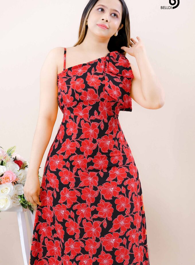 ONE SHOULDER RED PRINTED LONG DRESS