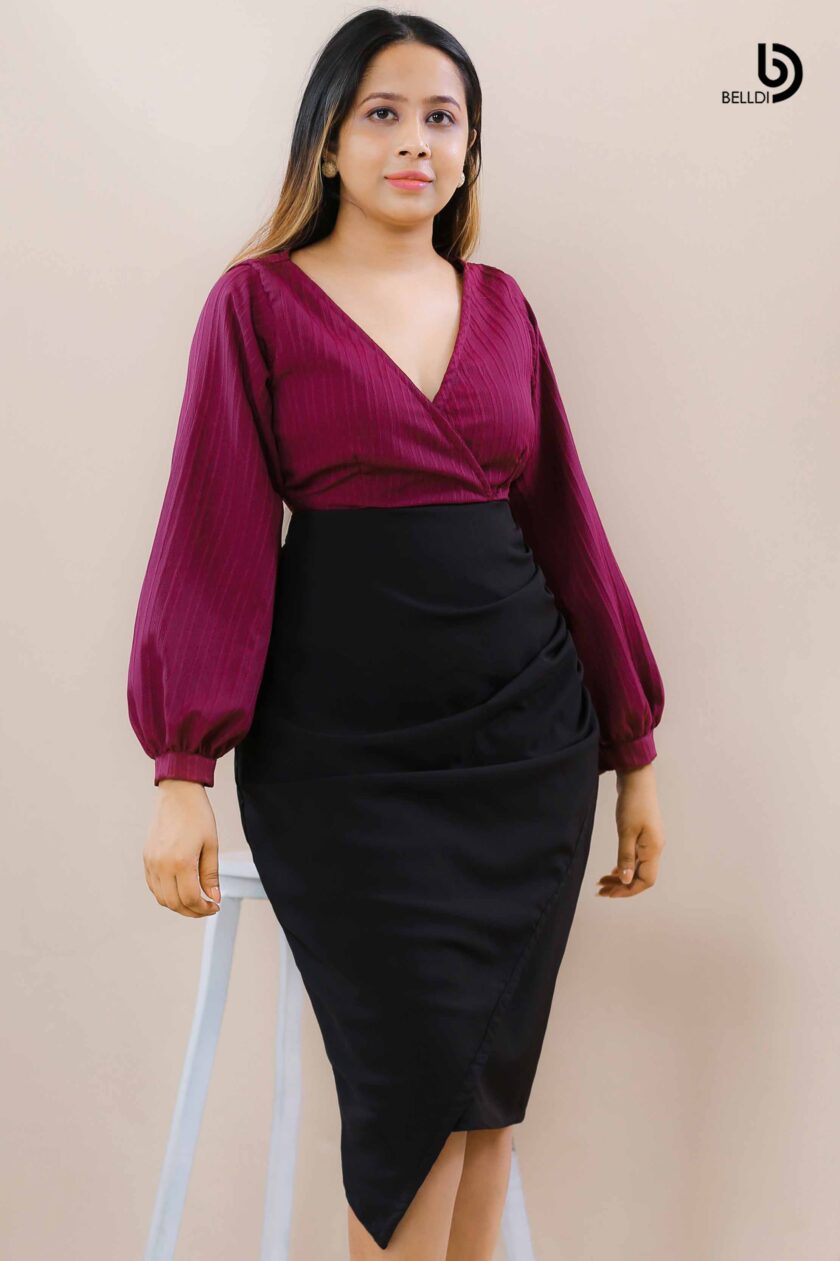 ASYMMETRIC SKIRT CROSS NECK SHORT DRESS