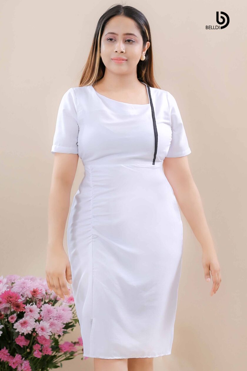 ASYMMETRICAL CURVED NECK WHITE SHORT DRESS