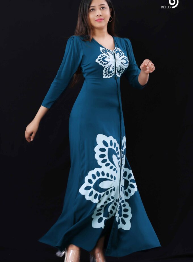 LONG SLEEVE V-NECK FRONT OPEN LONG DRESS