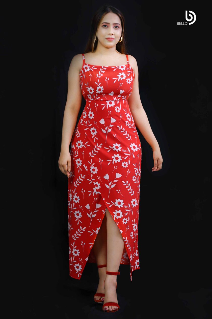 DREPED SKIRT WITH SPAGHETTI STRAP LONG DRESS