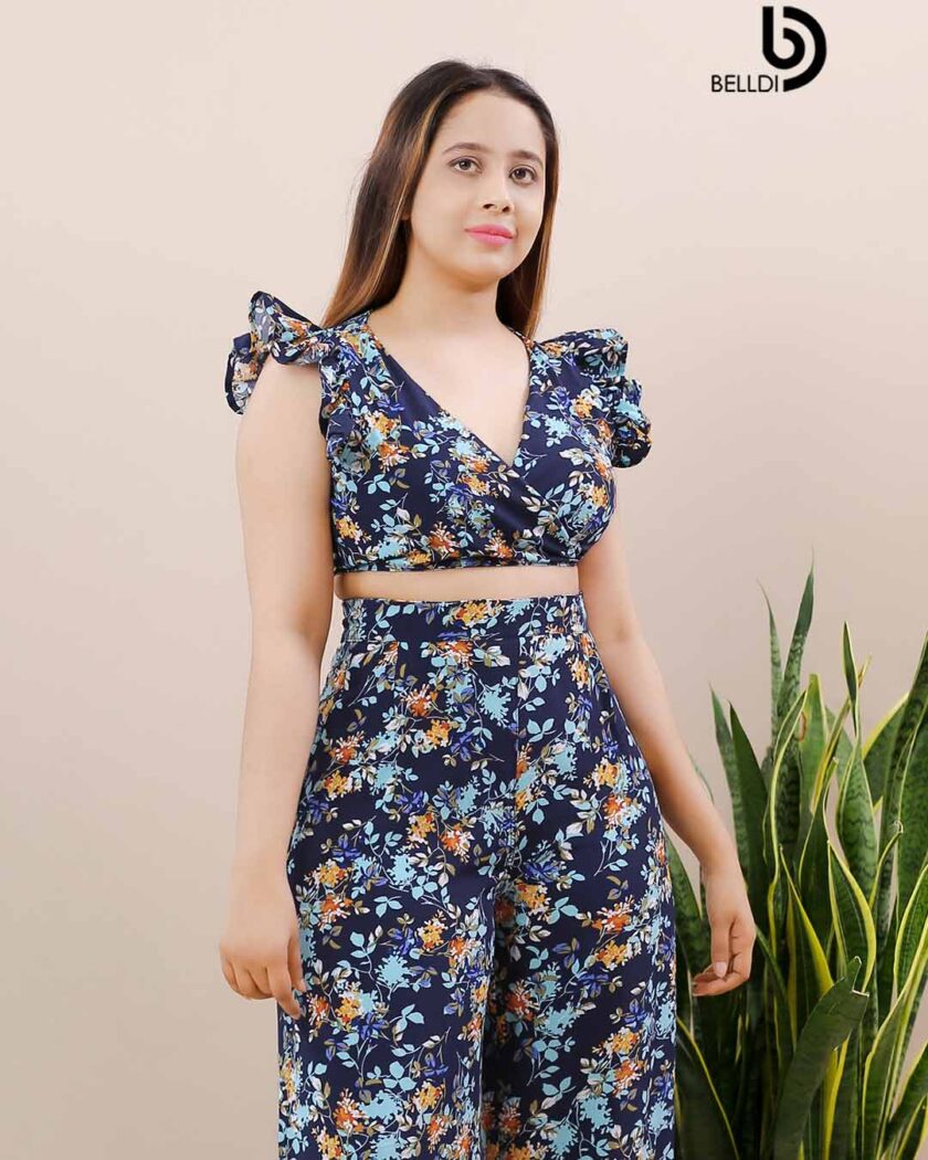 V NECK CROP TOP - BLUE FLORAL