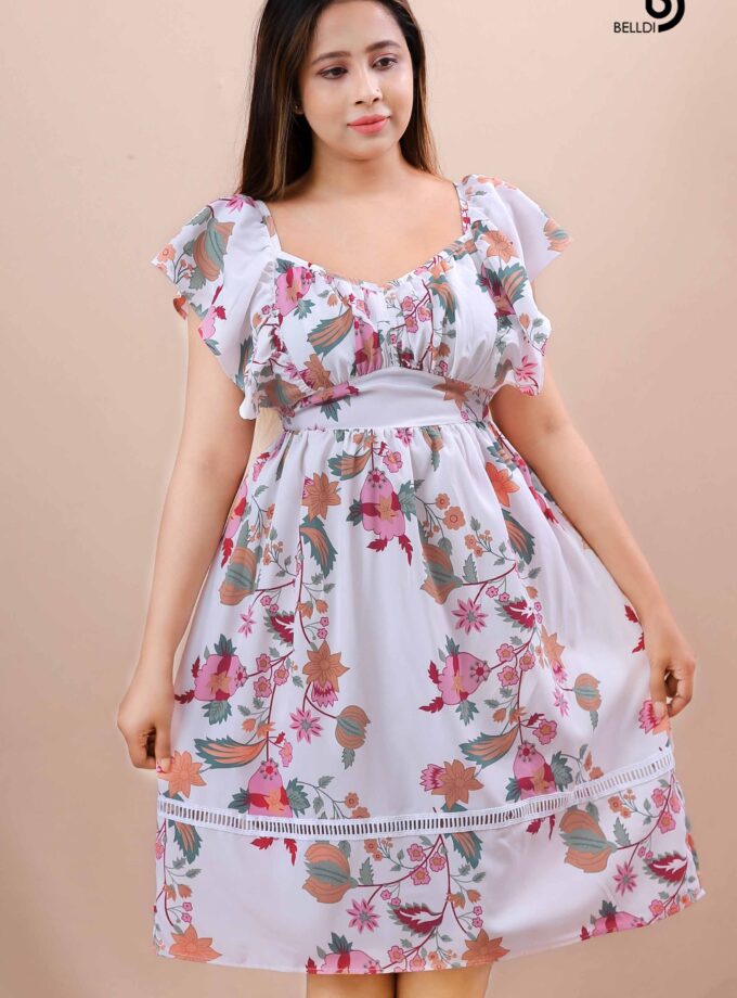 BUTTERFLY SLEEVE V NECK PRINTED SHORT DRESS