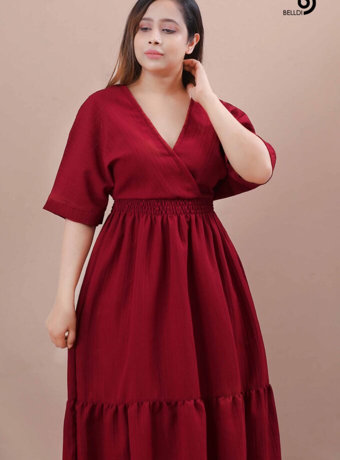 CROSS NECK SMOKED WAIST PLAIN COLOR LONG DRESS