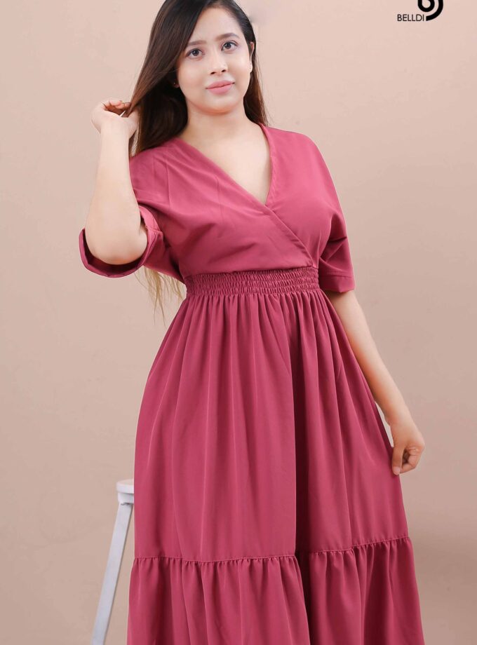 CROSS NECK SMOKED WAIST PLAIN COLOR LONG DRESS