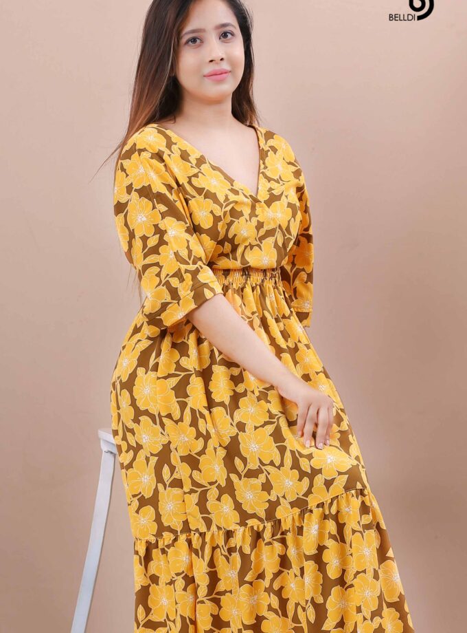 CROSS NECK SMOKED WAIST FLORAL LONG DRESS
