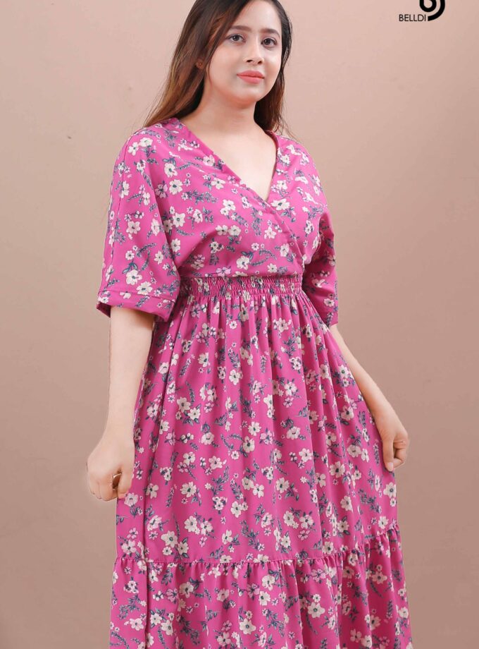 CROSS NECK SMOKED WAIST FLORAL LONG DRESS