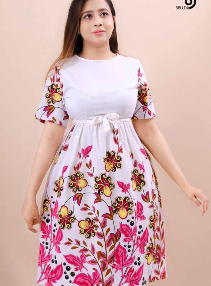 JEWEL NECK SHORT SLEEVE PINK FLORAL DRESS