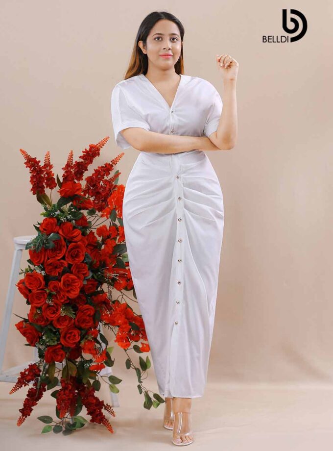 SHORT SLEEVE FRONT OPENED LONG DRESS