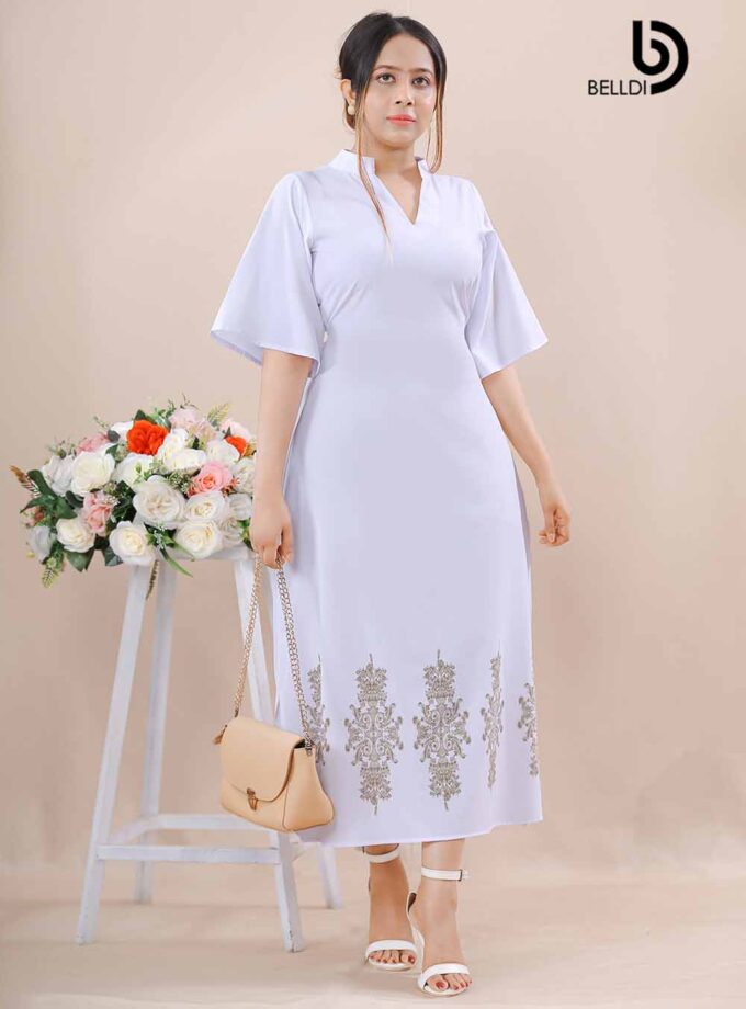 MANDARIN COLLAR WHITE PRINTED DRESS