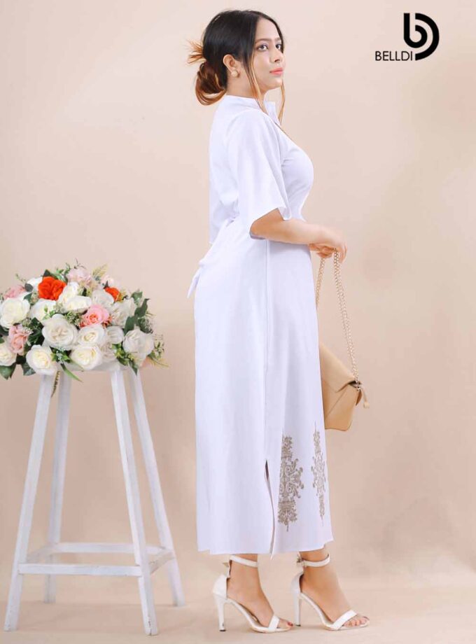 MANDARIN COLLAR WHITE PRINTED DRESS