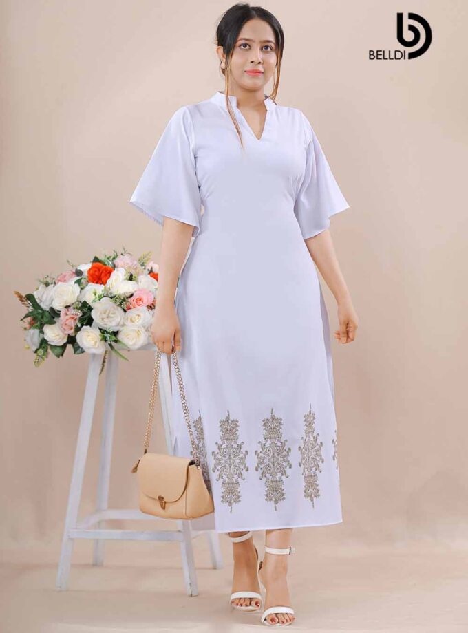 MANDARIN COLLAR WHITE PRINTED DRESS