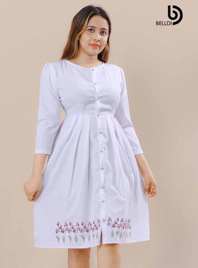 JEWEL NECK FRONT BUTTON WHITE SHORT DRESS
