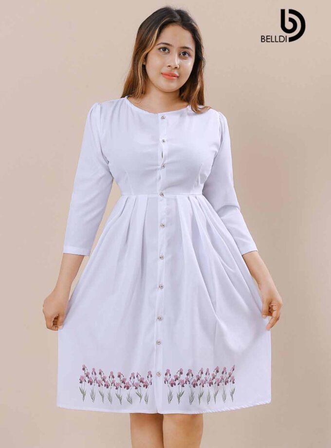 JEWEL NECK FRONT BUTTON WHITE SHORT DRESS