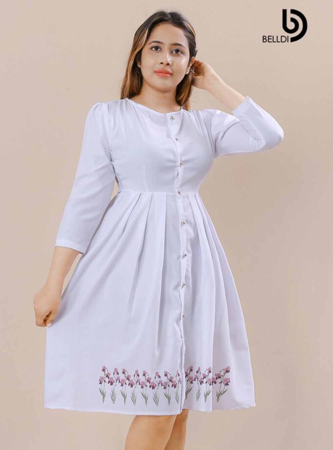 JEWEL NECK FRONT BUTTON WHITE SHORT DRESS
