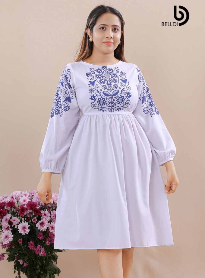 JEWEL NECK LONG SLEEVE PRINTED WHITE SHORT DRESS