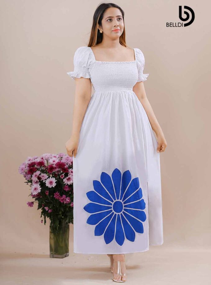 PUFF SLEEVE SMOCKED PRINTED LONG DRESS