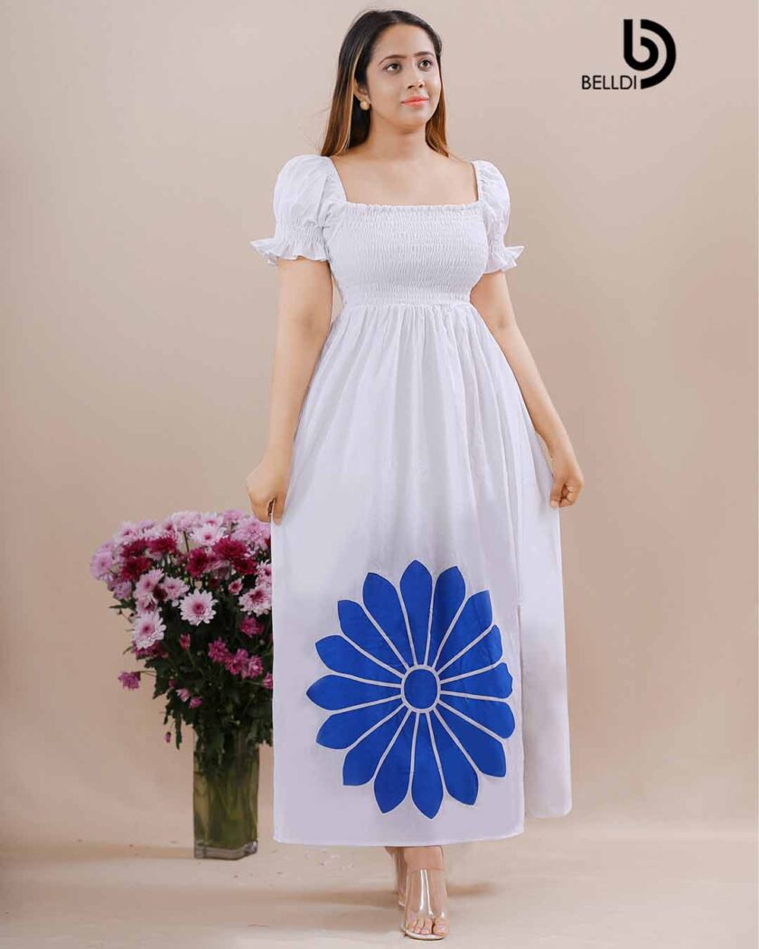 PUFF SLEEVE SMOCKED PRINTED LONG  DRESS - Image 3