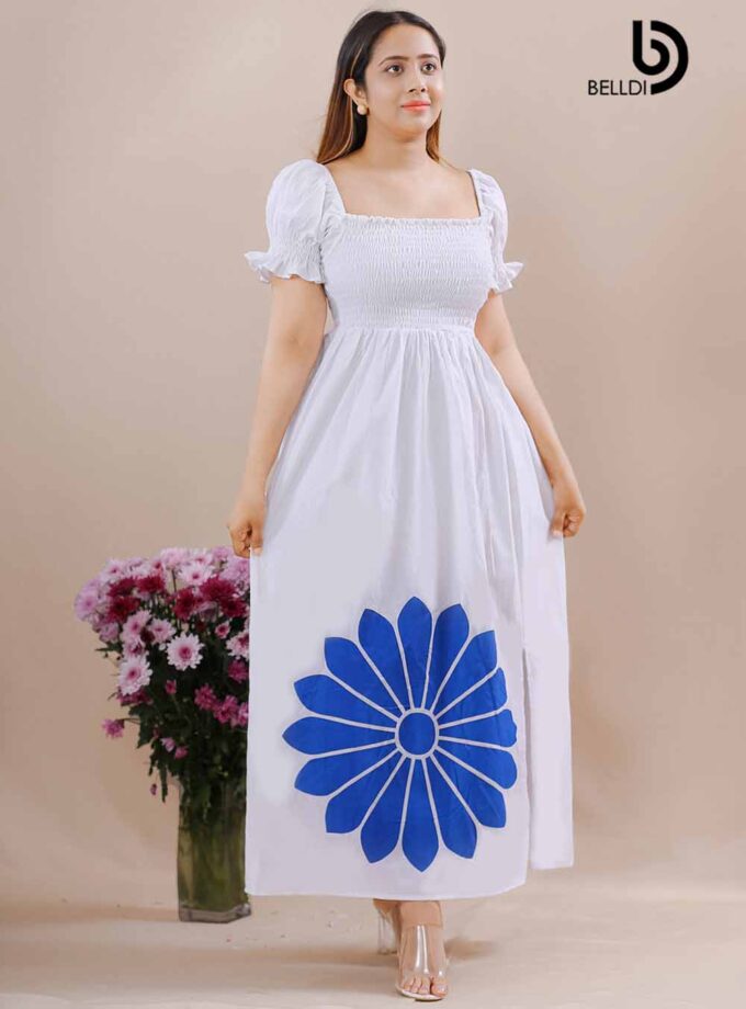 PUFF SLEEVE SMOCKED PRINTED LONG DRESS