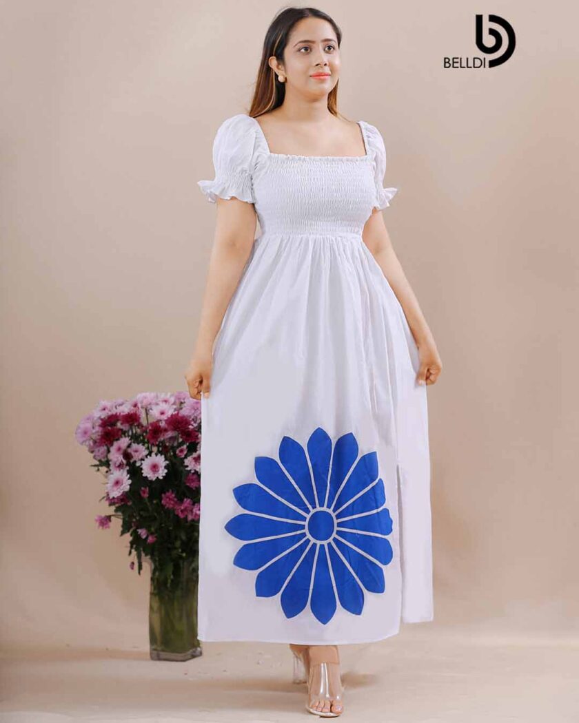 PUFF SLEEVE SMOCKED PRINTED LONG  DRESS - Image 2
