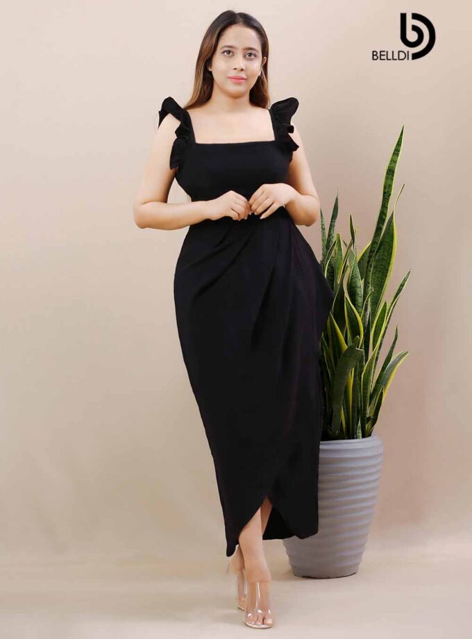 DREPED SKIRT WITH SQUARE NECK LONG DRESS