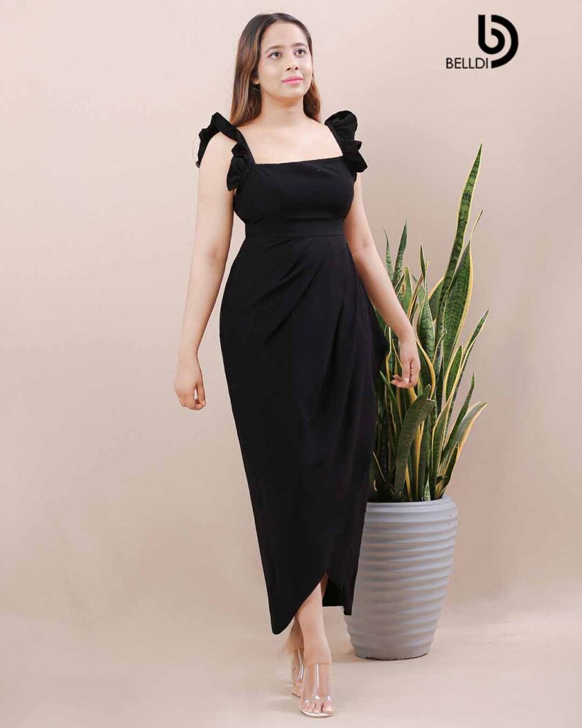 DREPED SKIRT WITH SQUARE NECK LONG DRESS