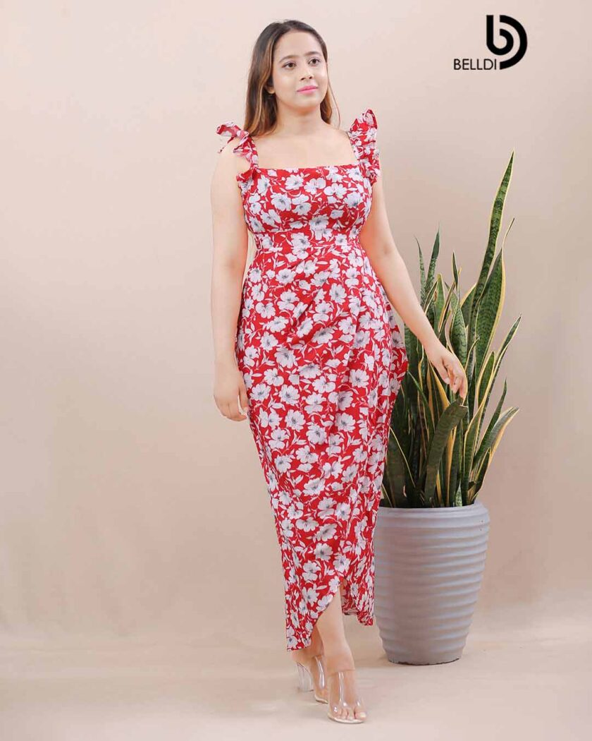 DREPED SKIRT WITH SQUARE NECK LONG DRESS