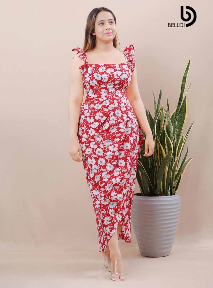 DREPED SKIRT WITH SQUARE NECK LONG DRESS