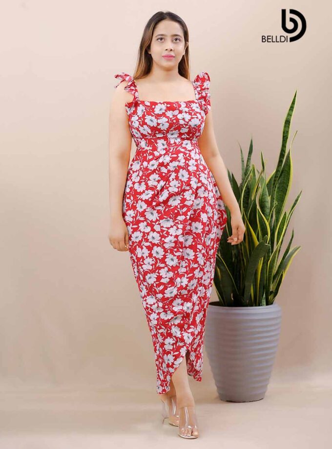 DREPED SKIRT WITH SQUARE NECK LONG DRESS