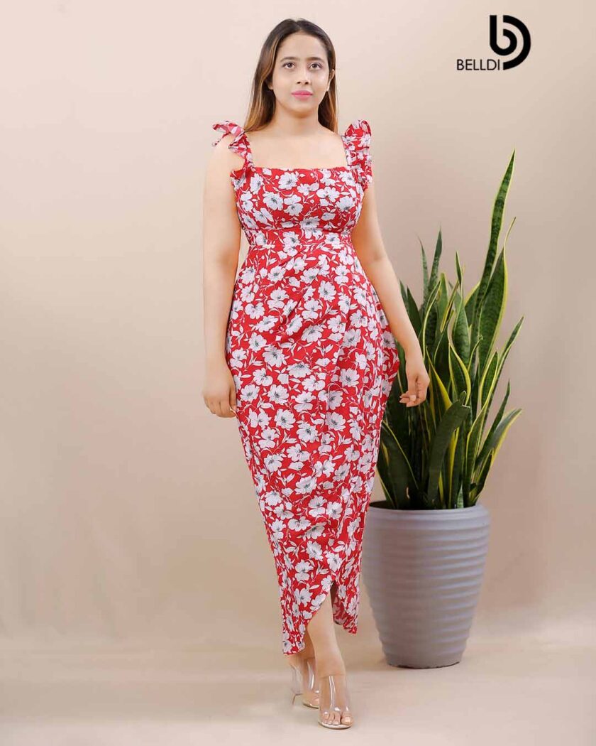 DREPED SKIRT WITH SQUARE NECK LONG DRESS - Image 3