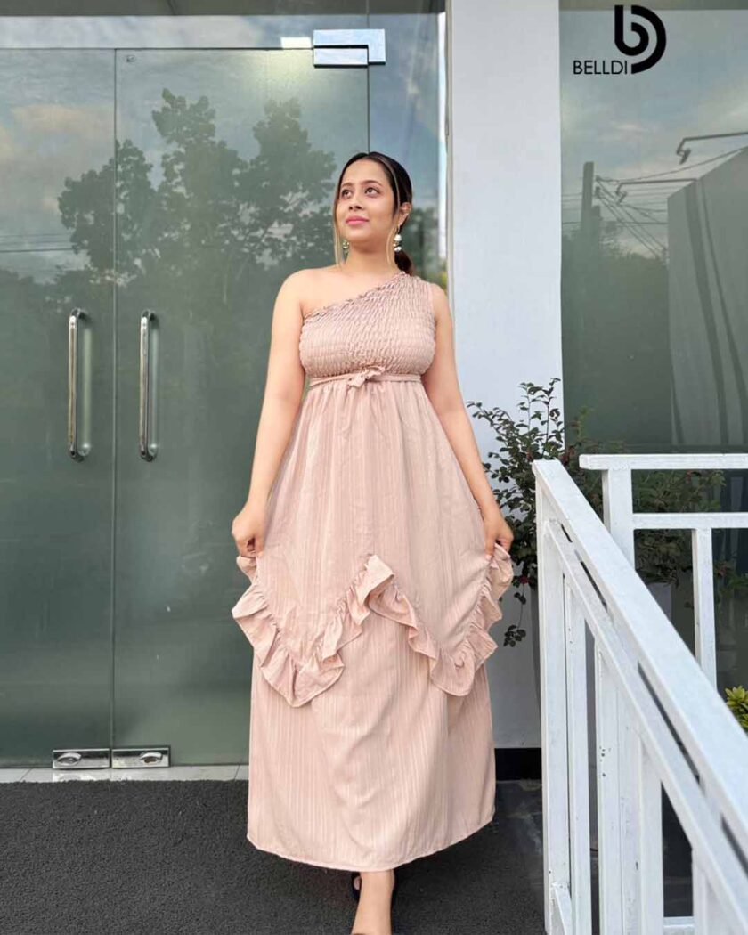 ONE SHOULDER SMOCKED LONG DRESS