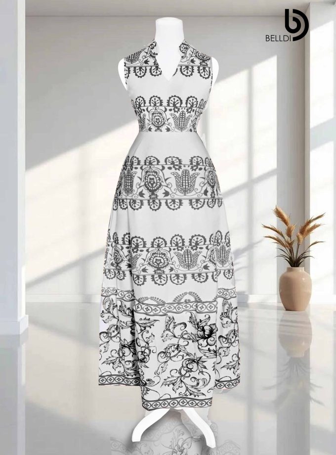 SLEEVELESS MANDARIN COLLAR V-NECK LONG DRESS