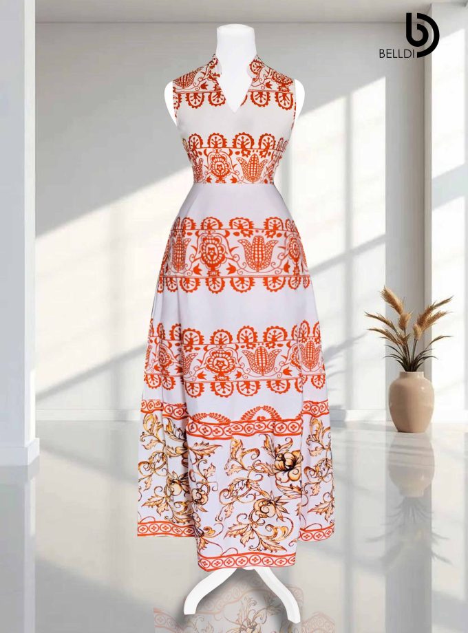 SLEEVELESS MANDARIN COLLAR V-NECK LONG DRESS