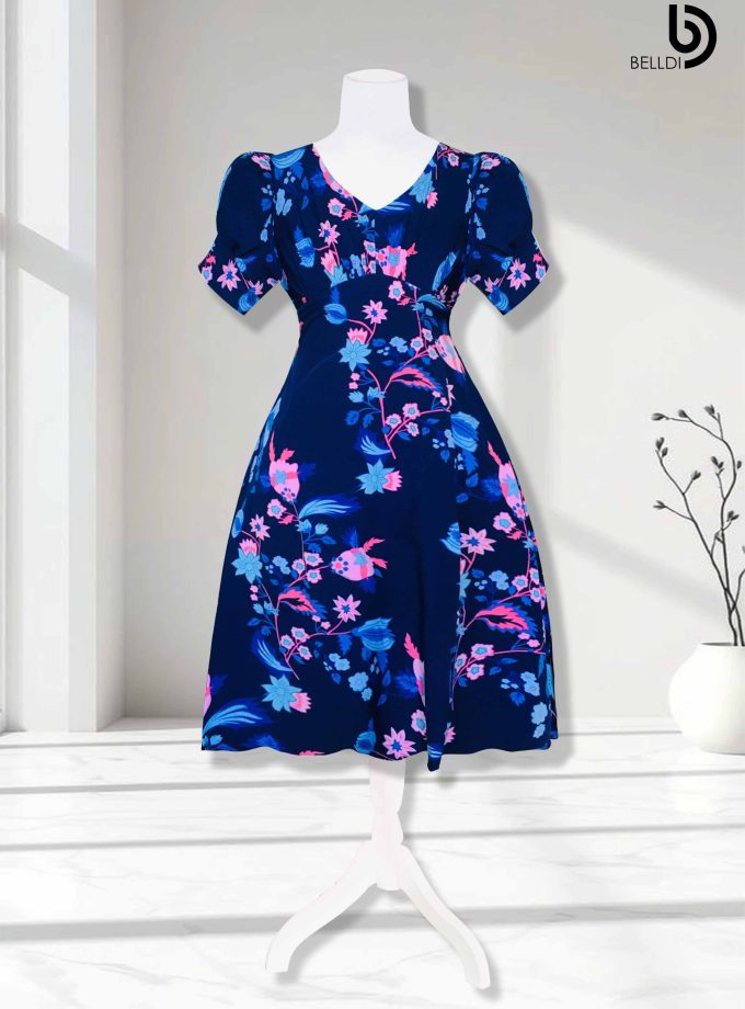 PUFF SLEEVE V-NECK SHORT DRESS