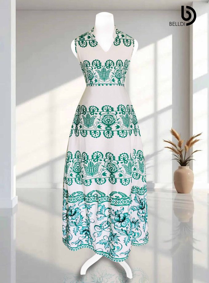 SLEEVELESS MANDARIN COLLAR V-NECK LONG DRESS